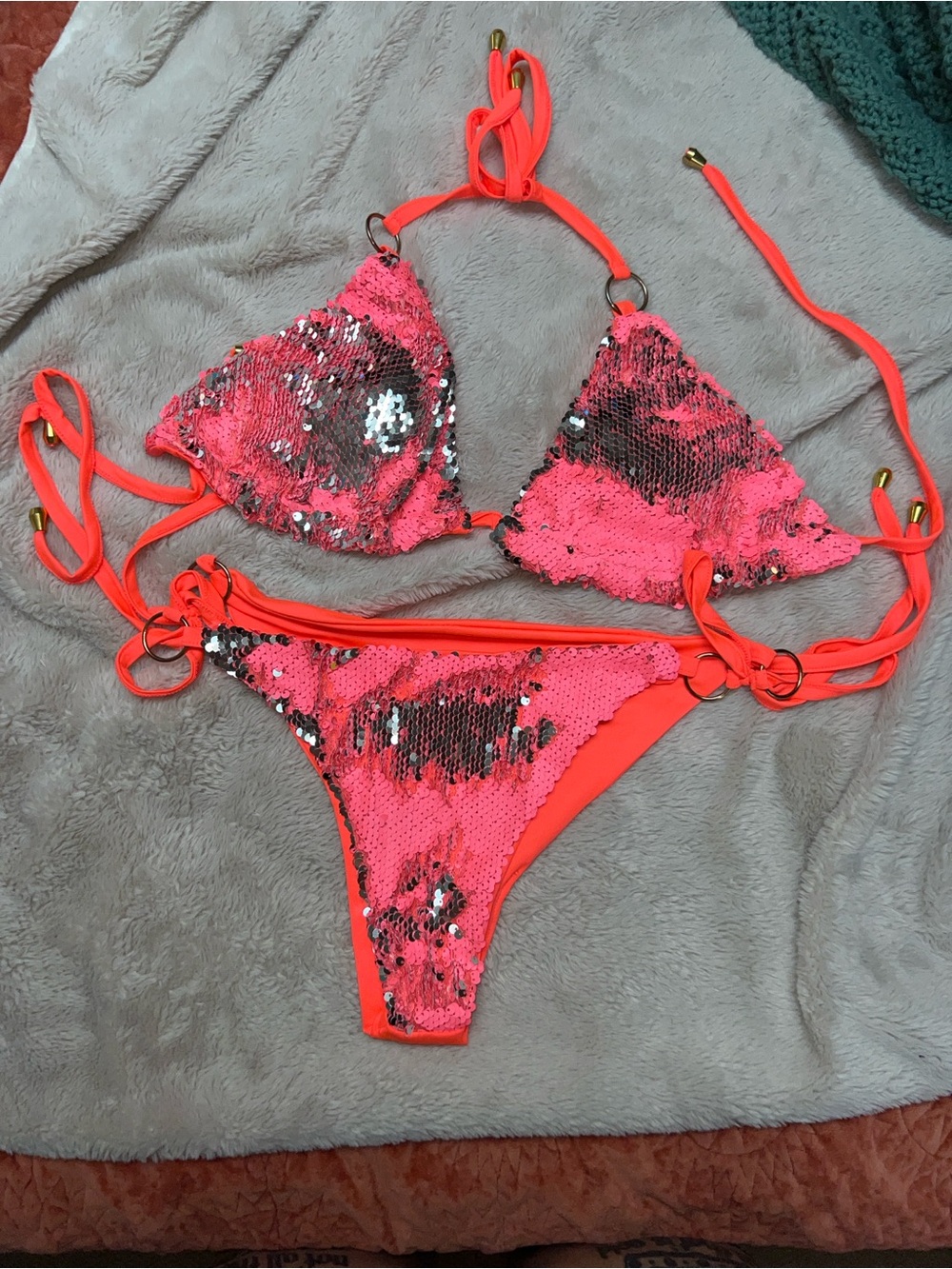 Sequin Triangle Bikini Set - Neon Pink
